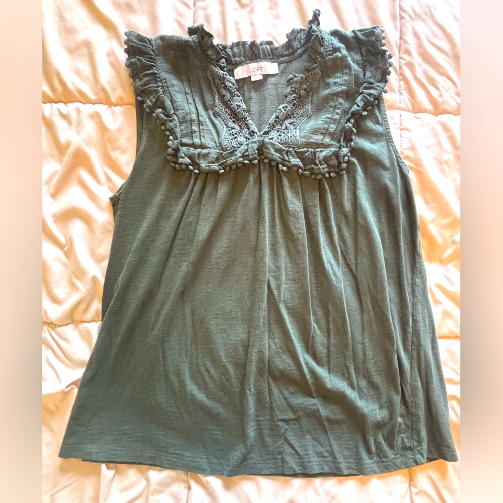 LOFT Green Ruffled Bib Collar Blouse